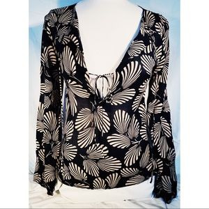 Theory Giselle black Silk Palm Print long sleeve top Blouse petite